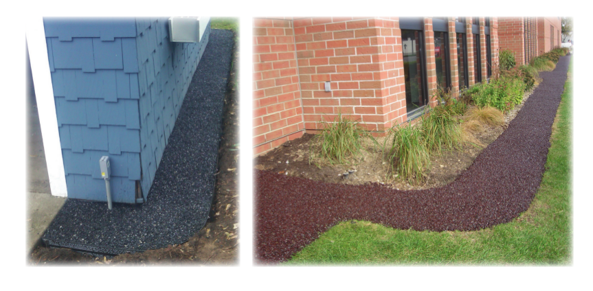 porous pave surrounding buildings as mulch and drainage